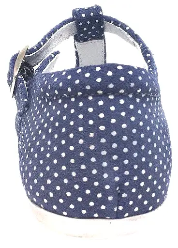 Emel Girl's Polka Dot Denim Blue Leather T-Strap Mary Jane Shoe