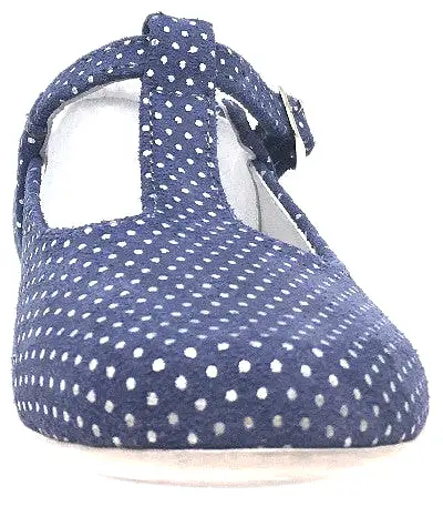 Emel Girl's Polka Dot Denim Blue Leather T-Strap Mary Jane Shoe