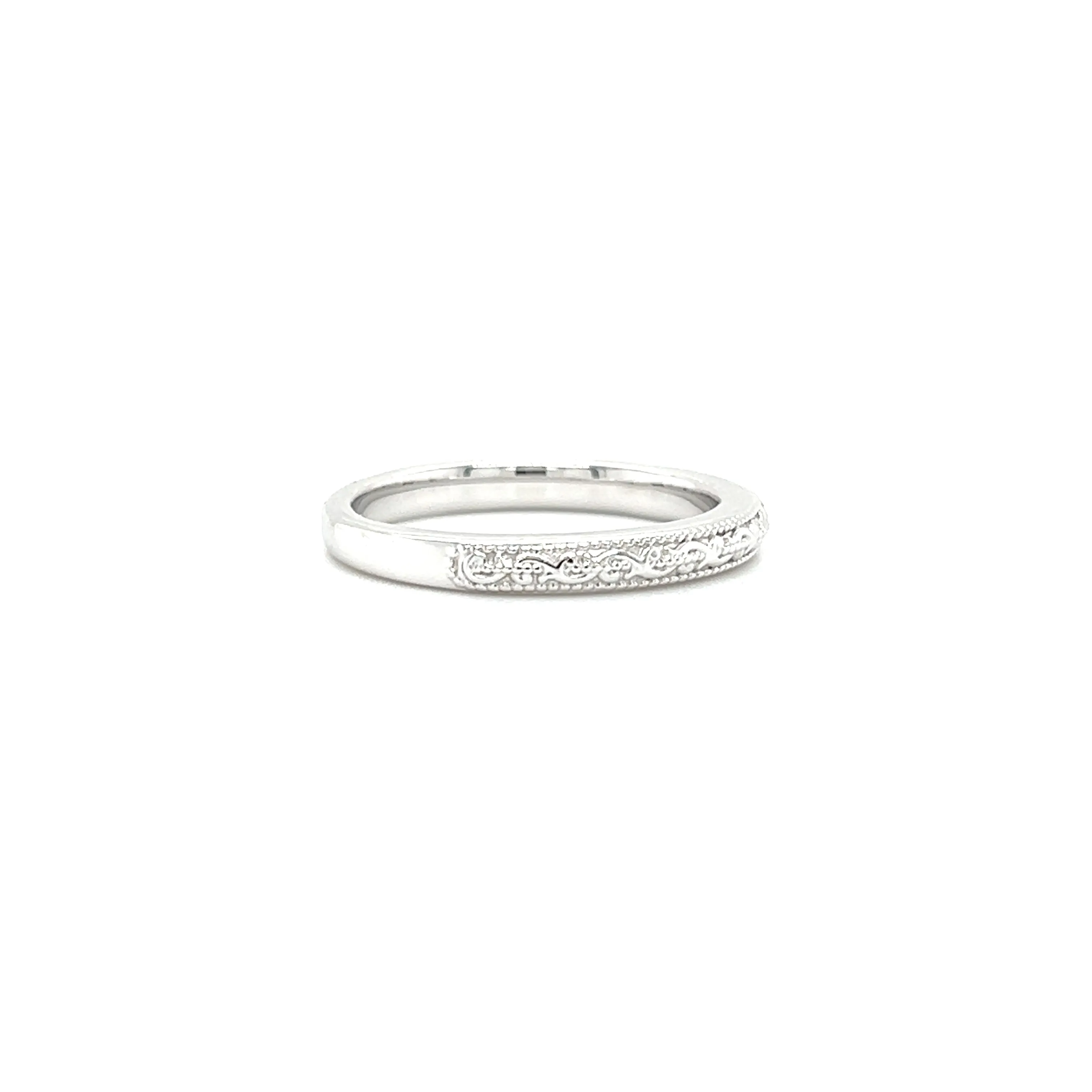 Engraved Ring with Milgrain Edge in 14K White Gold