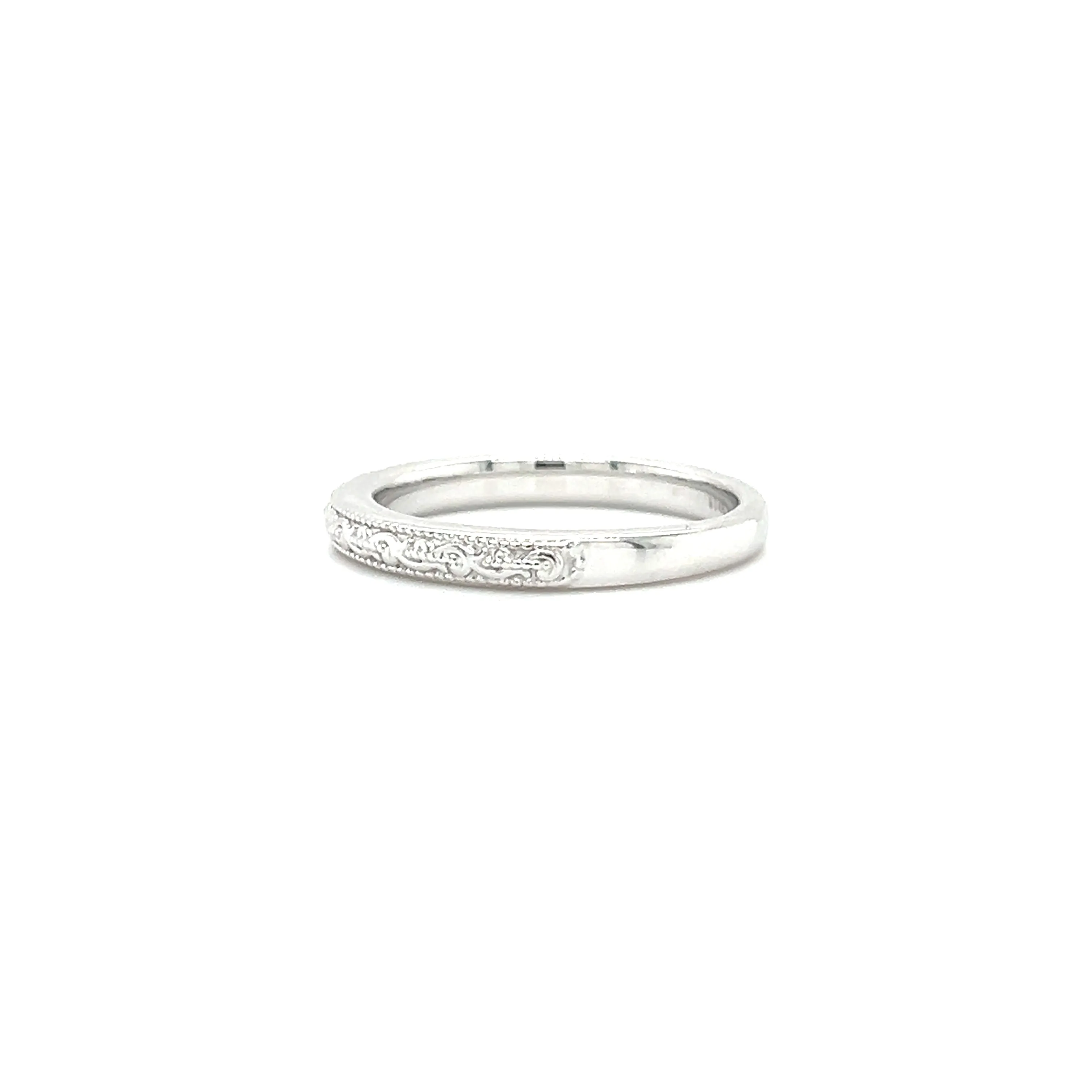 Engraved Ring with Milgrain Edge in 14K White Gold