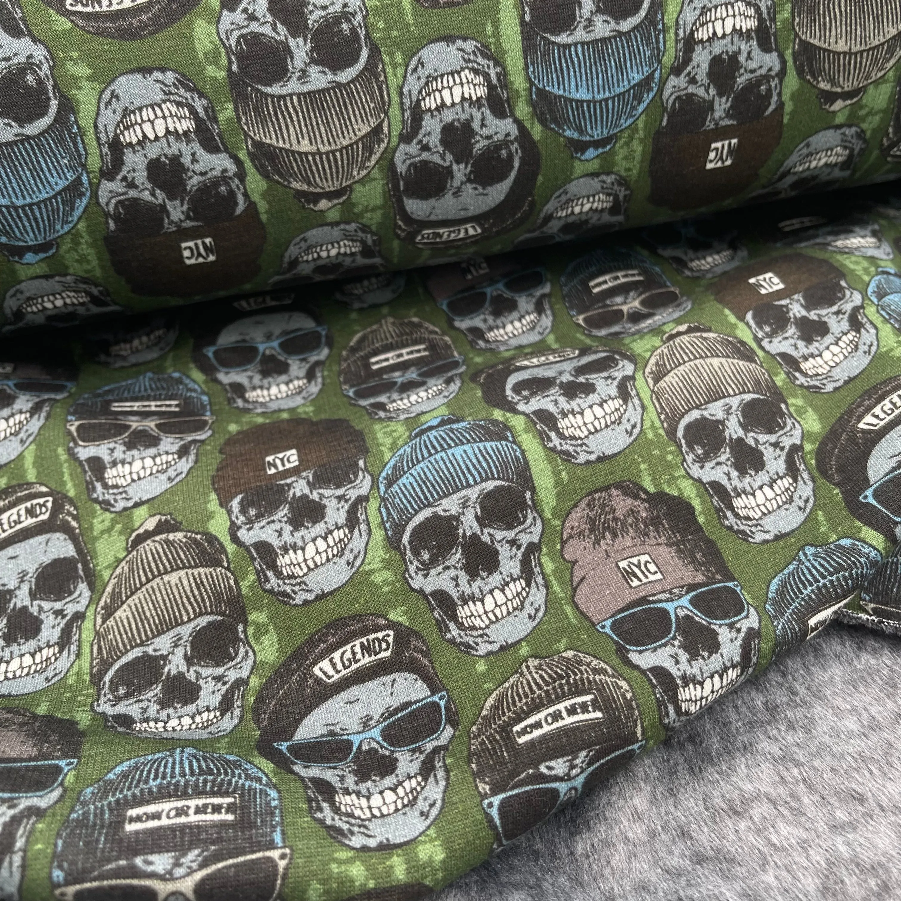 European Cotton Stretch Alpensweat - Skulls - Oeko-Tex - Army Green