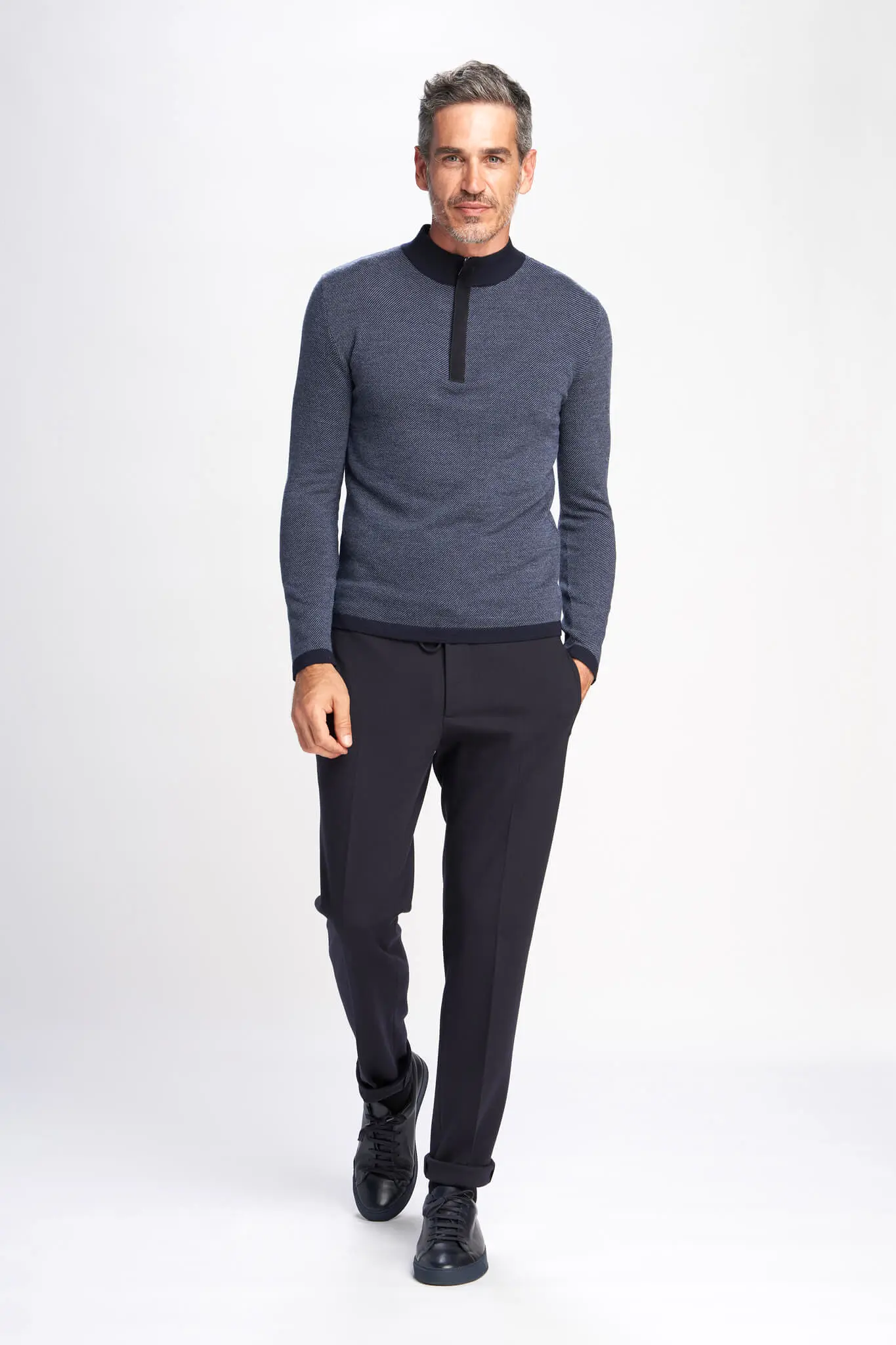 Gad knit half zip bicolor jumper in wool and leather detail