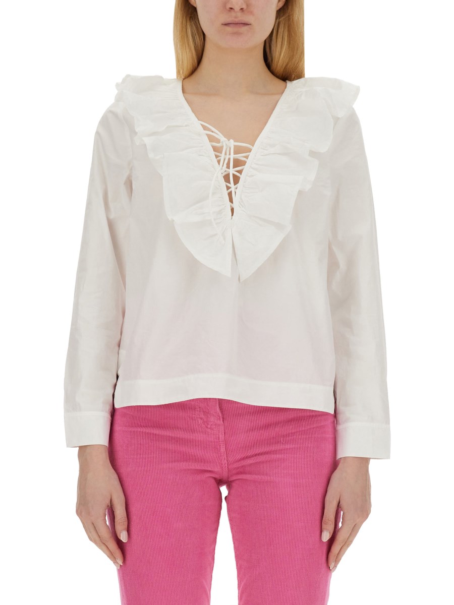 GANNI    COTTON POPLIN V-NECK BLOUSE