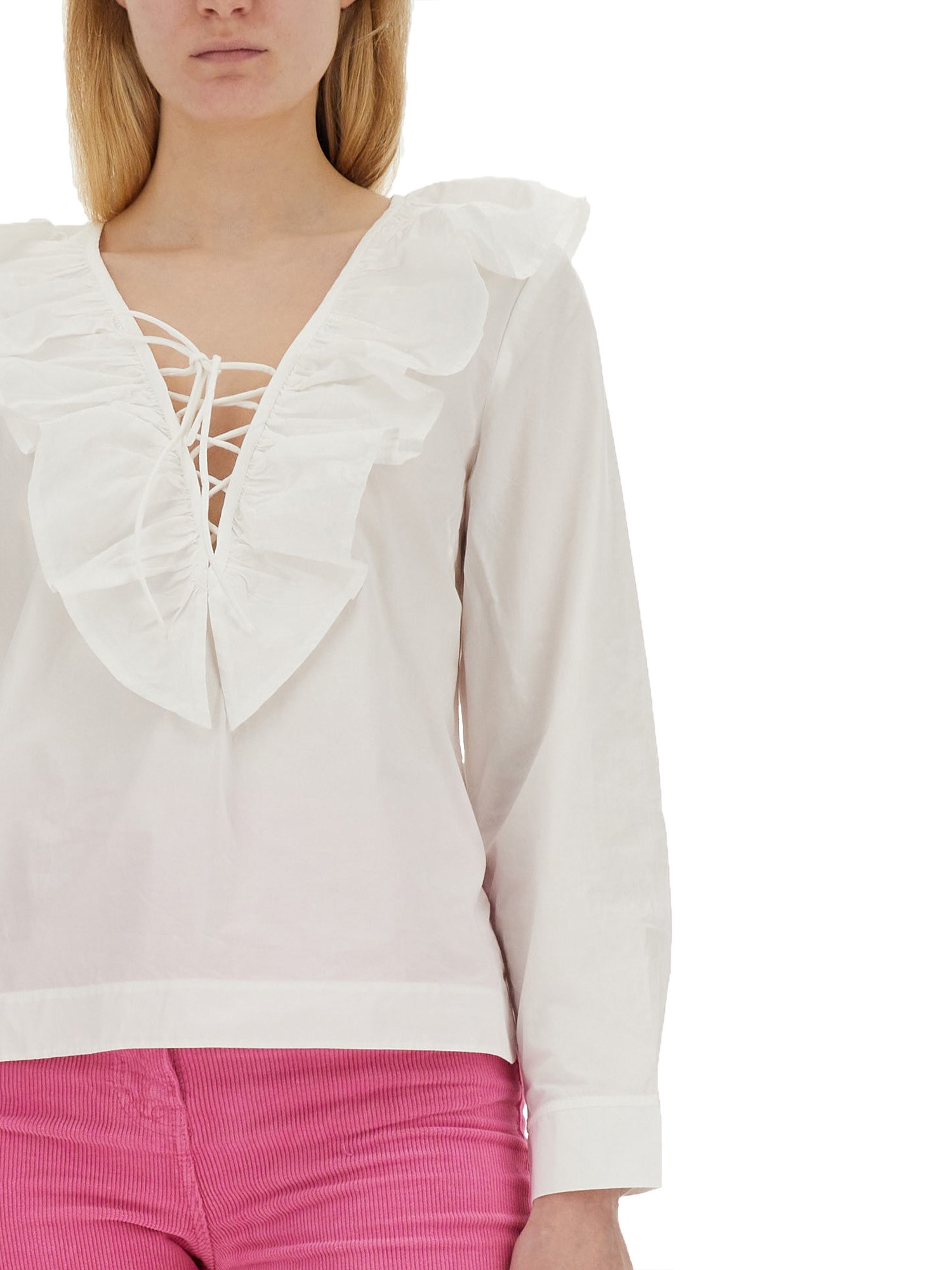 GANNI    COTTON POPLIN V-NECK BLOUSE