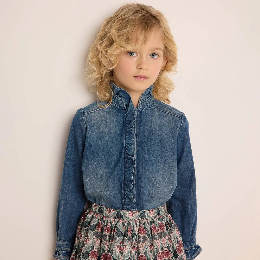 Girls Blue Cotton Denim Ruffle Blouse