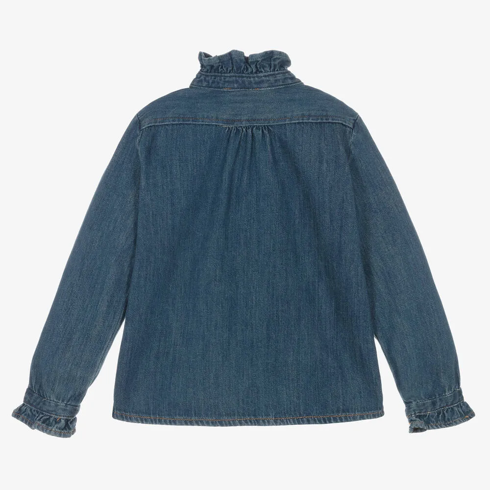 Girls Blue Cotton Denim Ruffle Blouse