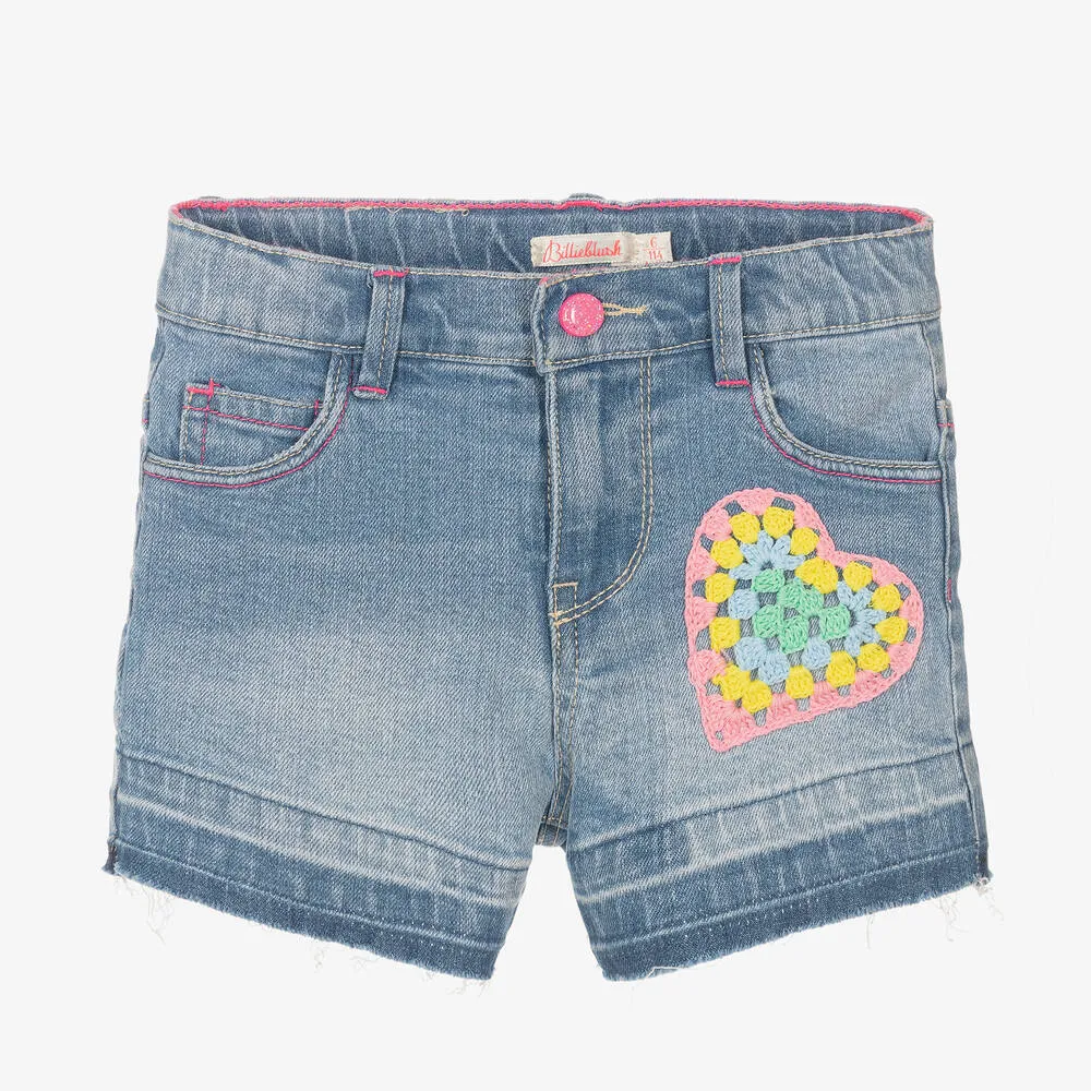 Girls Blue Crochet Heart Denim Shorts