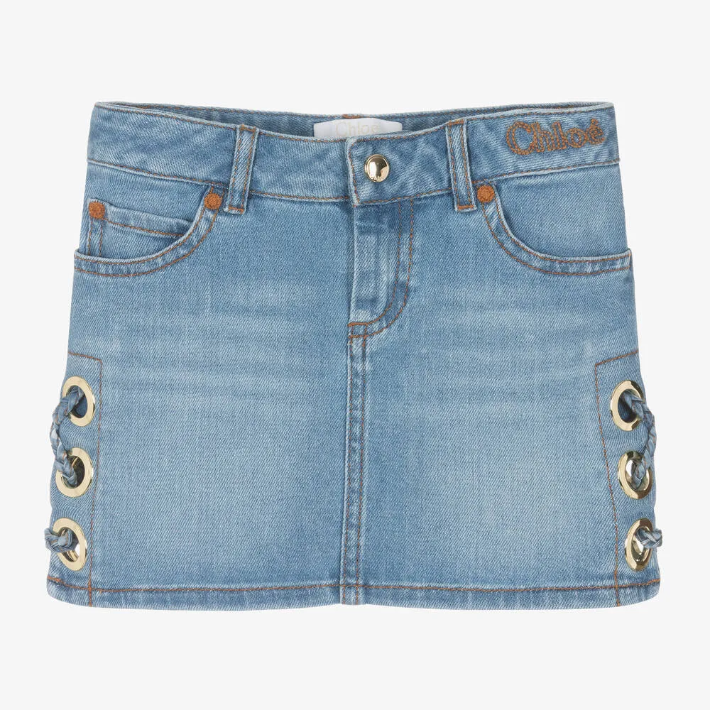 Girls Blue Denim Eyelet Skirt