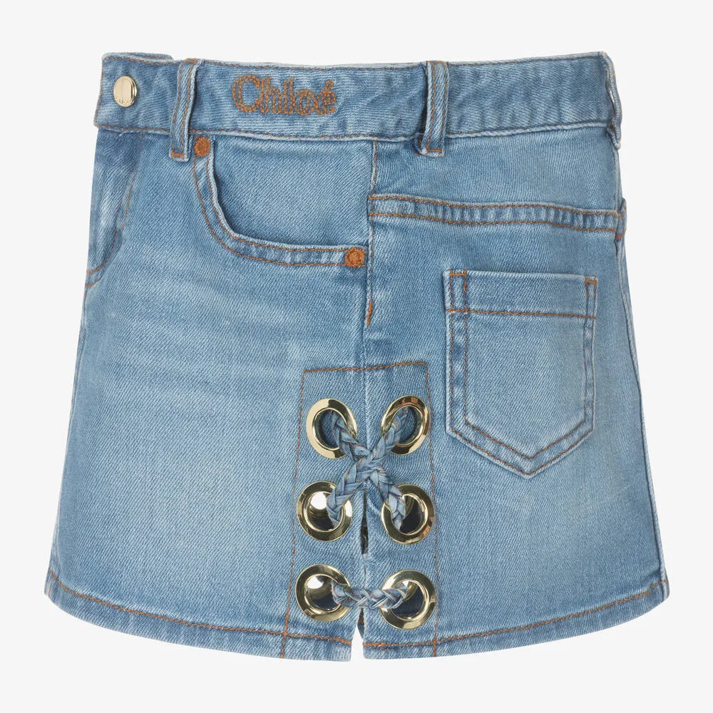 Girls Blue Denim Eyelet Skirt