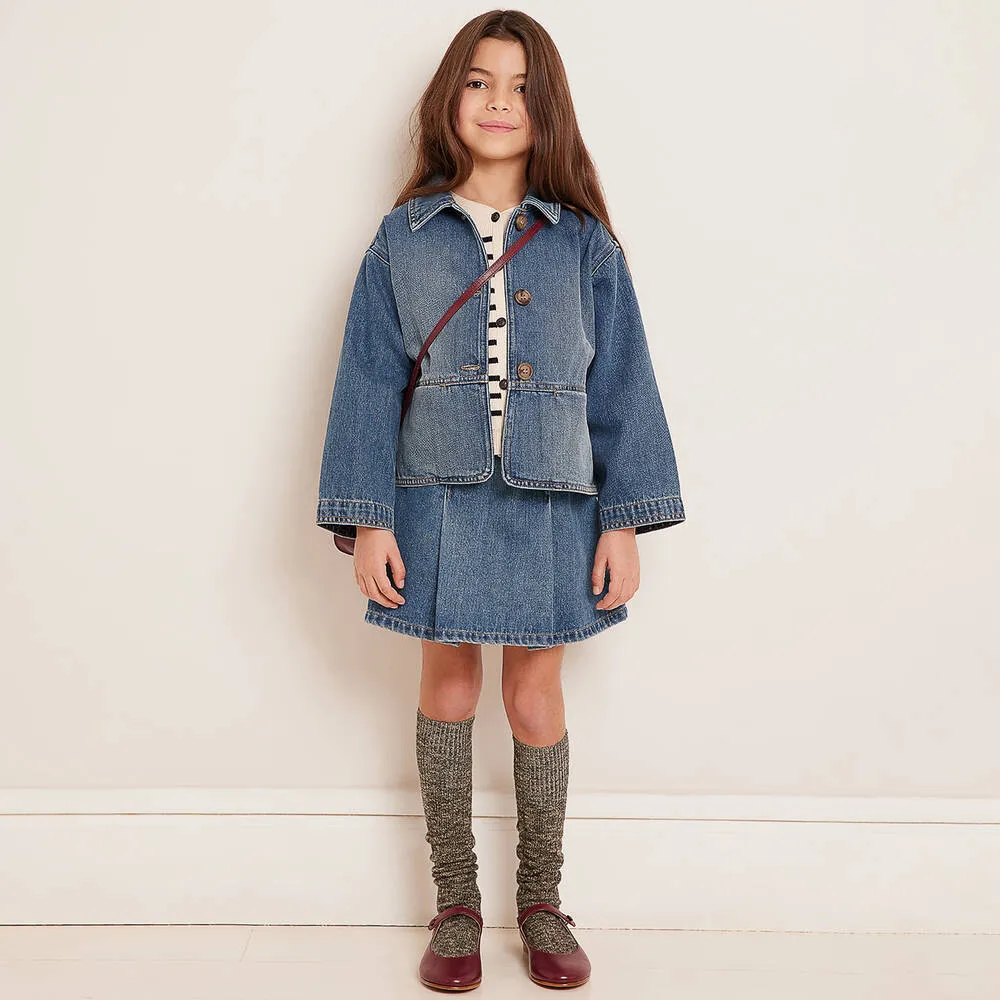 Girls Blue Denim Pleated Skirt