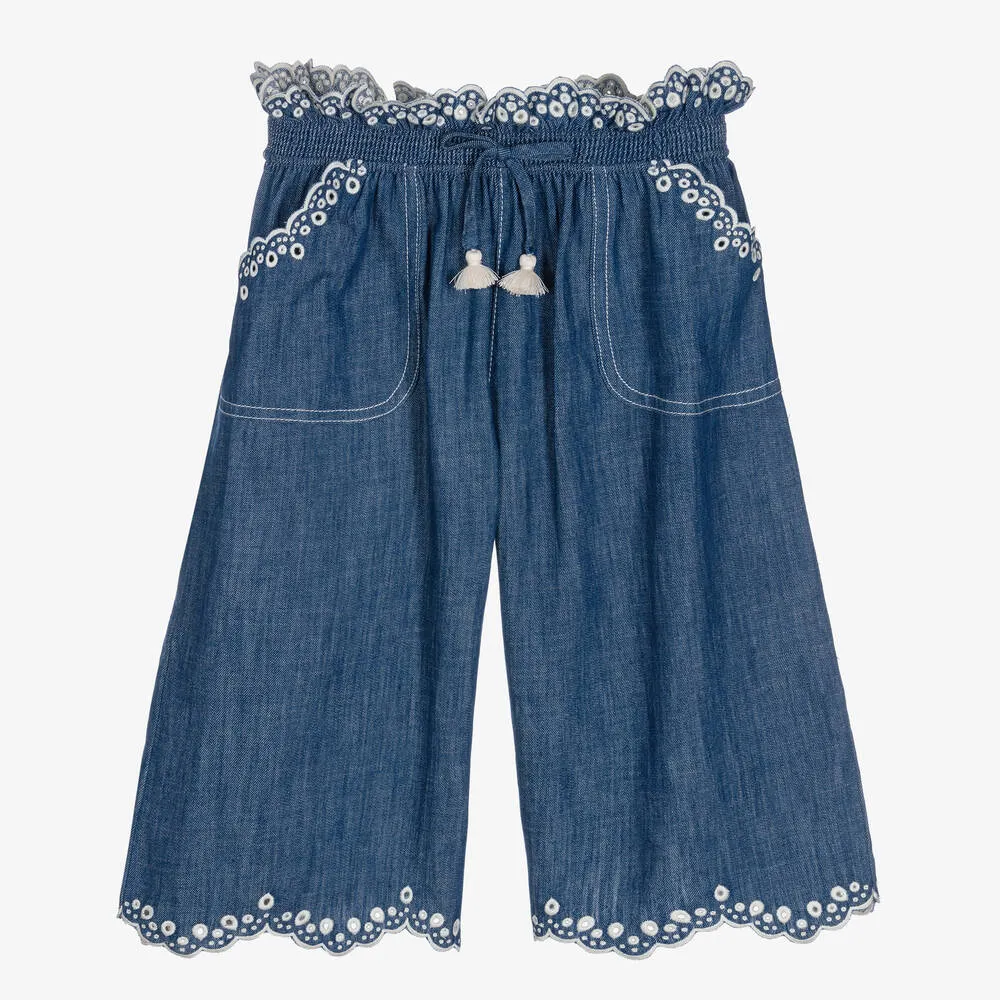 Girls Blue Embroidered Denim Cullottes 