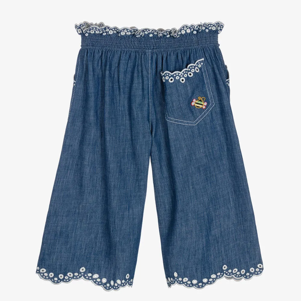 Girls Blue Embroidered Denim Cullottes 