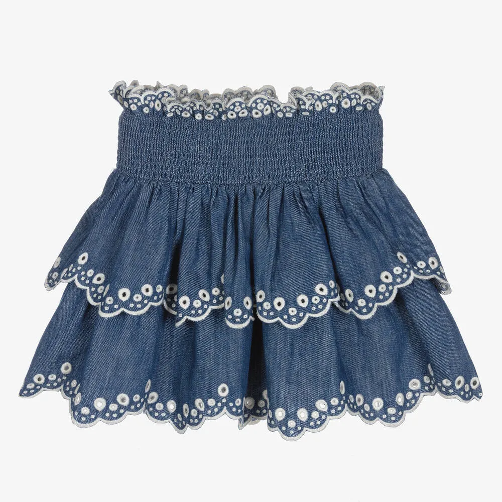 Girls Blue Embroidered Denim Skirt