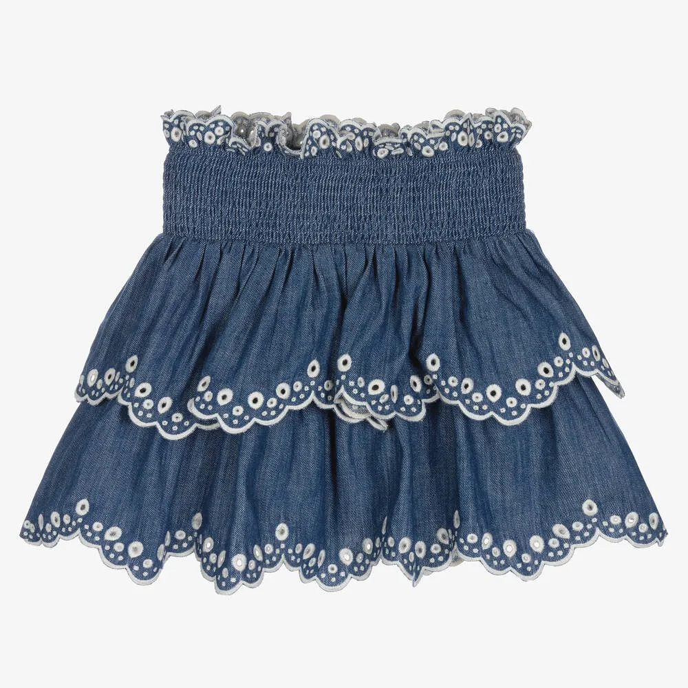 Girls Blue Embroidered Denim Skirt