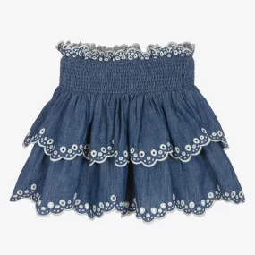 Girls Blue Embroidered Denim Skirt