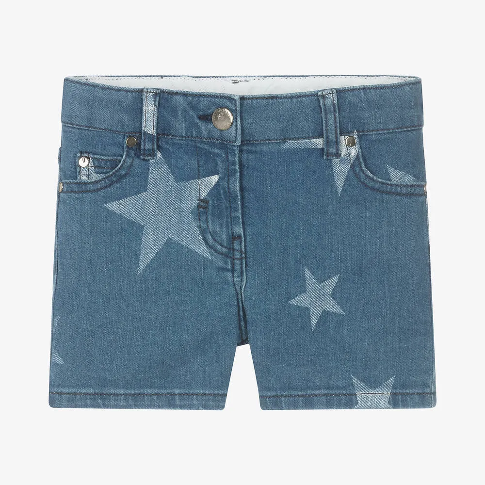 Girls Blue Star Print Denim Shorts