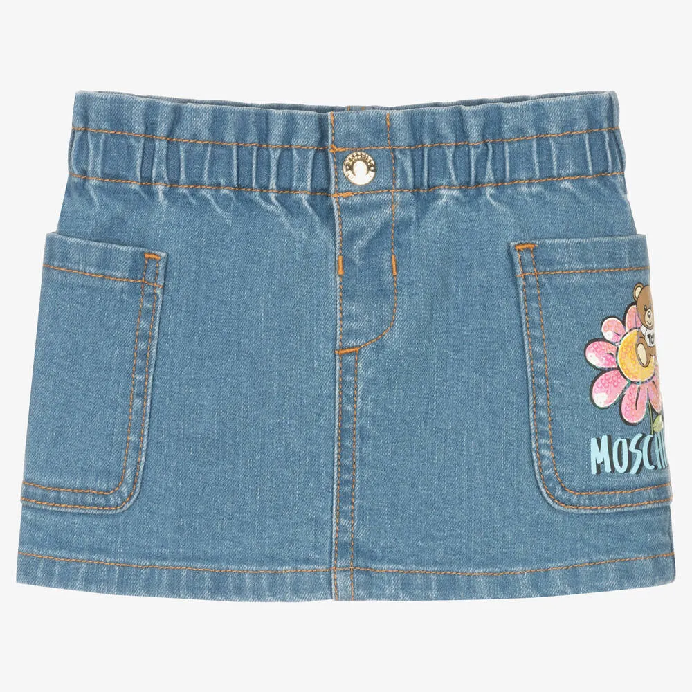 Girls Blue Teddy Bear Denim Skirt