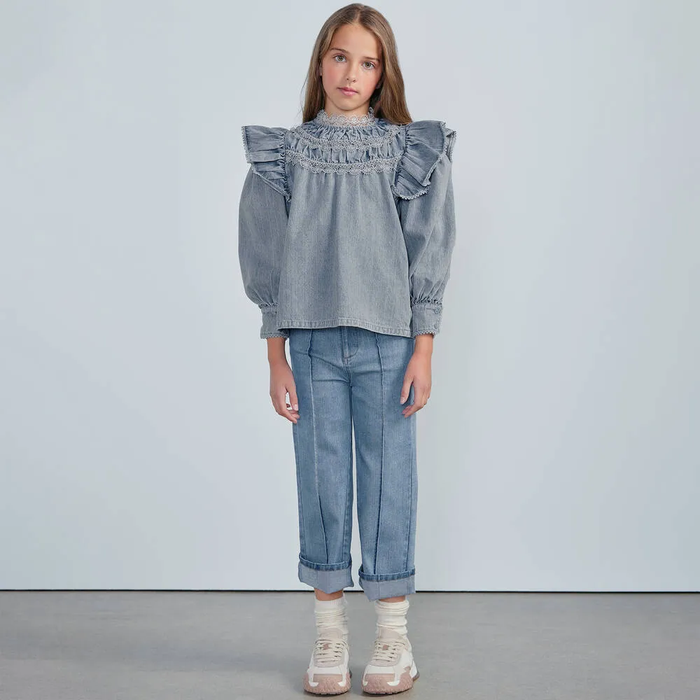 Girls Blue Washed Denim Blouse