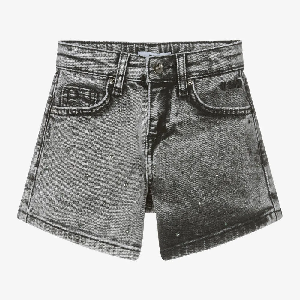 Girls Grey Stone Wash Denim Shorts