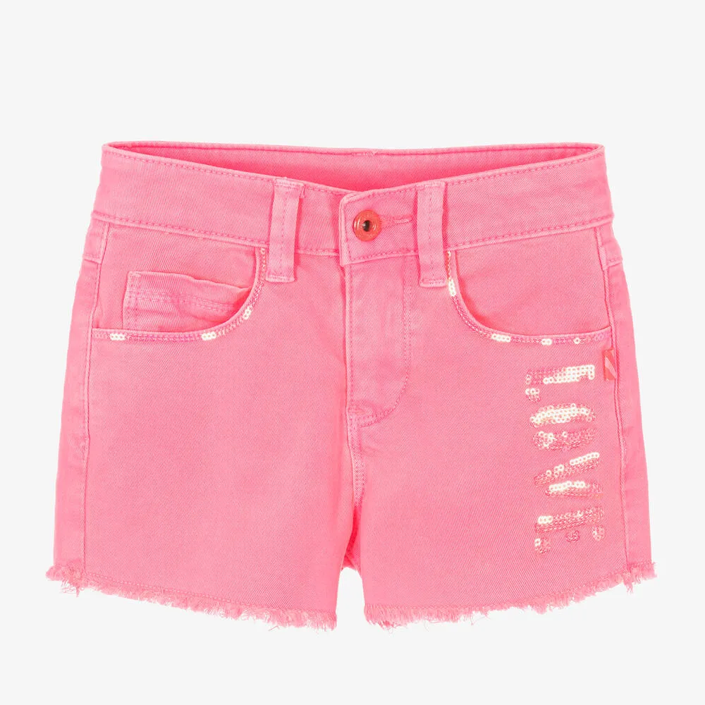 Girls Pink Cotton Sequin Denim Shorts