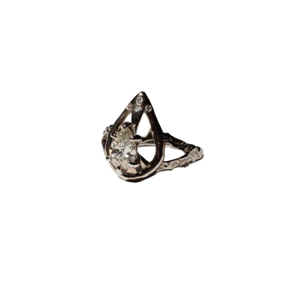 Gothic Diamond Pear Ring in 14 Karat White Gold