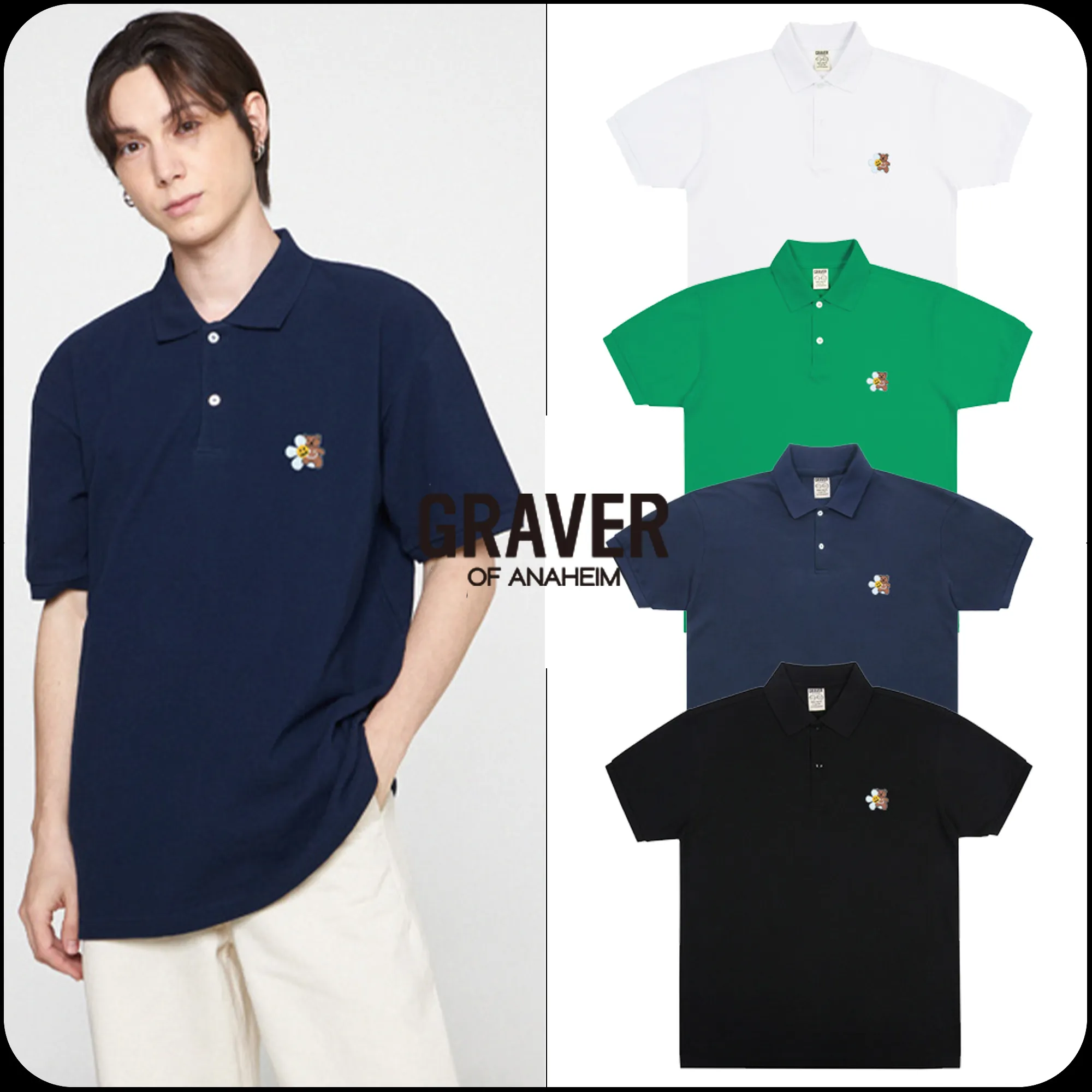 GRAVER  |[GRAVER]★FLOWER BEAR EMBROIDERY PIQUE SHORT SLEEVED T-SHIRT