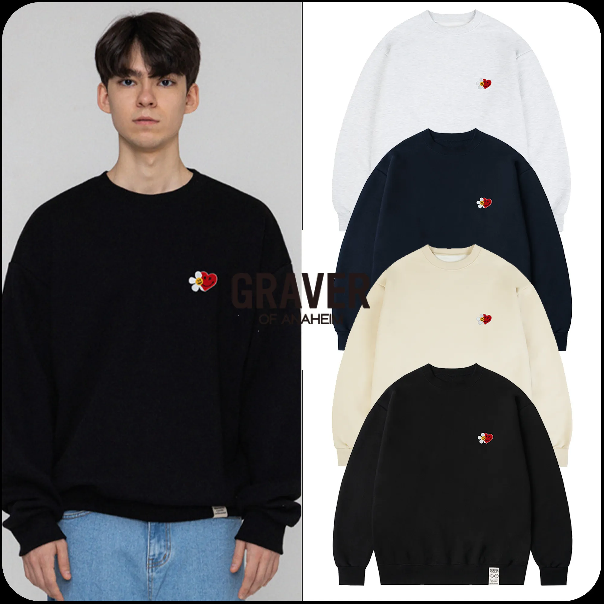 GRAVER  |[GRAVER]★FLOWER HEART HALF SMILE EMBROIDERY SWEATSHIRT