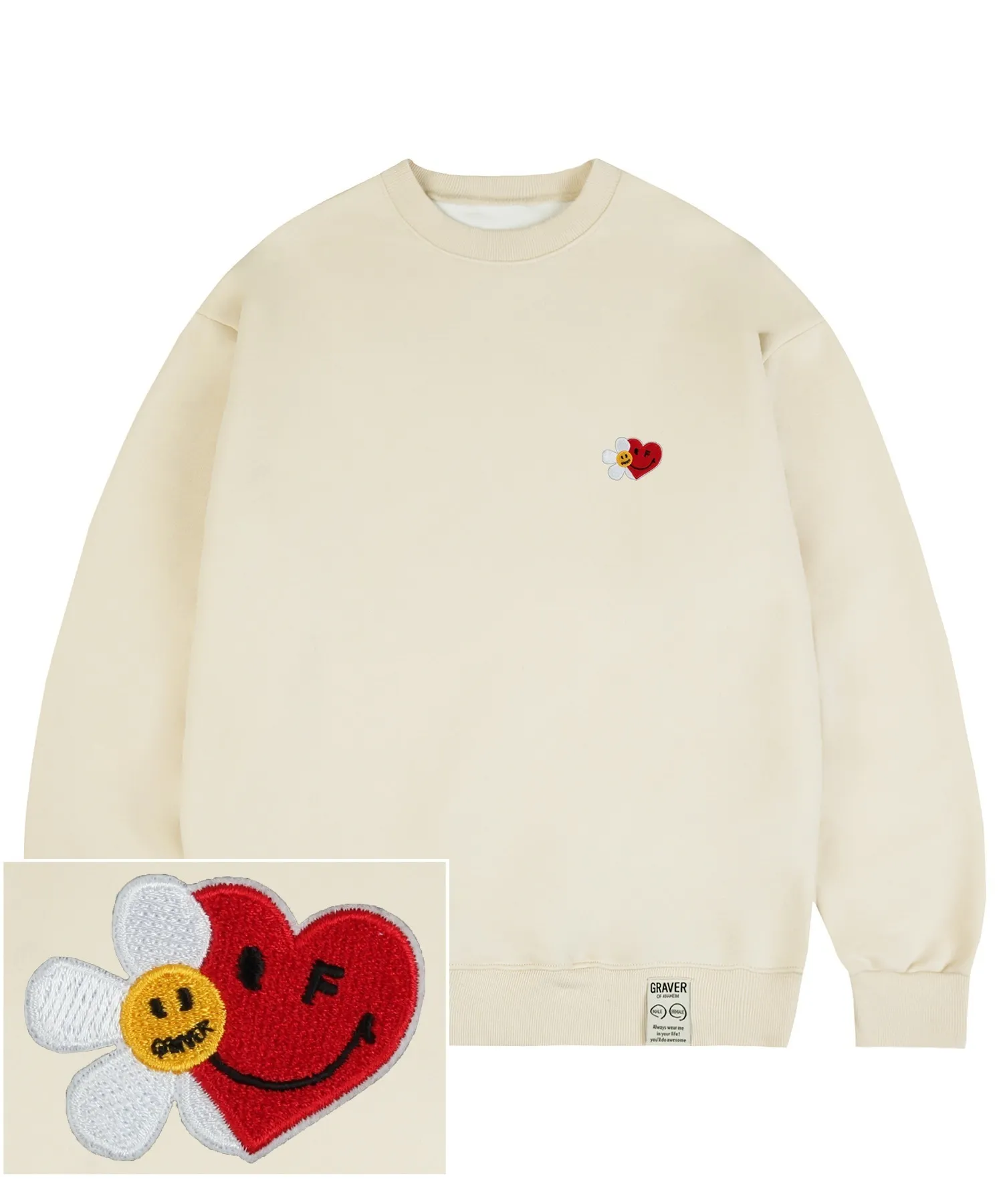 GRAVER  |[GRAVER]★FLOWER HEART HALF SMILE EMBROIDERY SWEATSHIRT