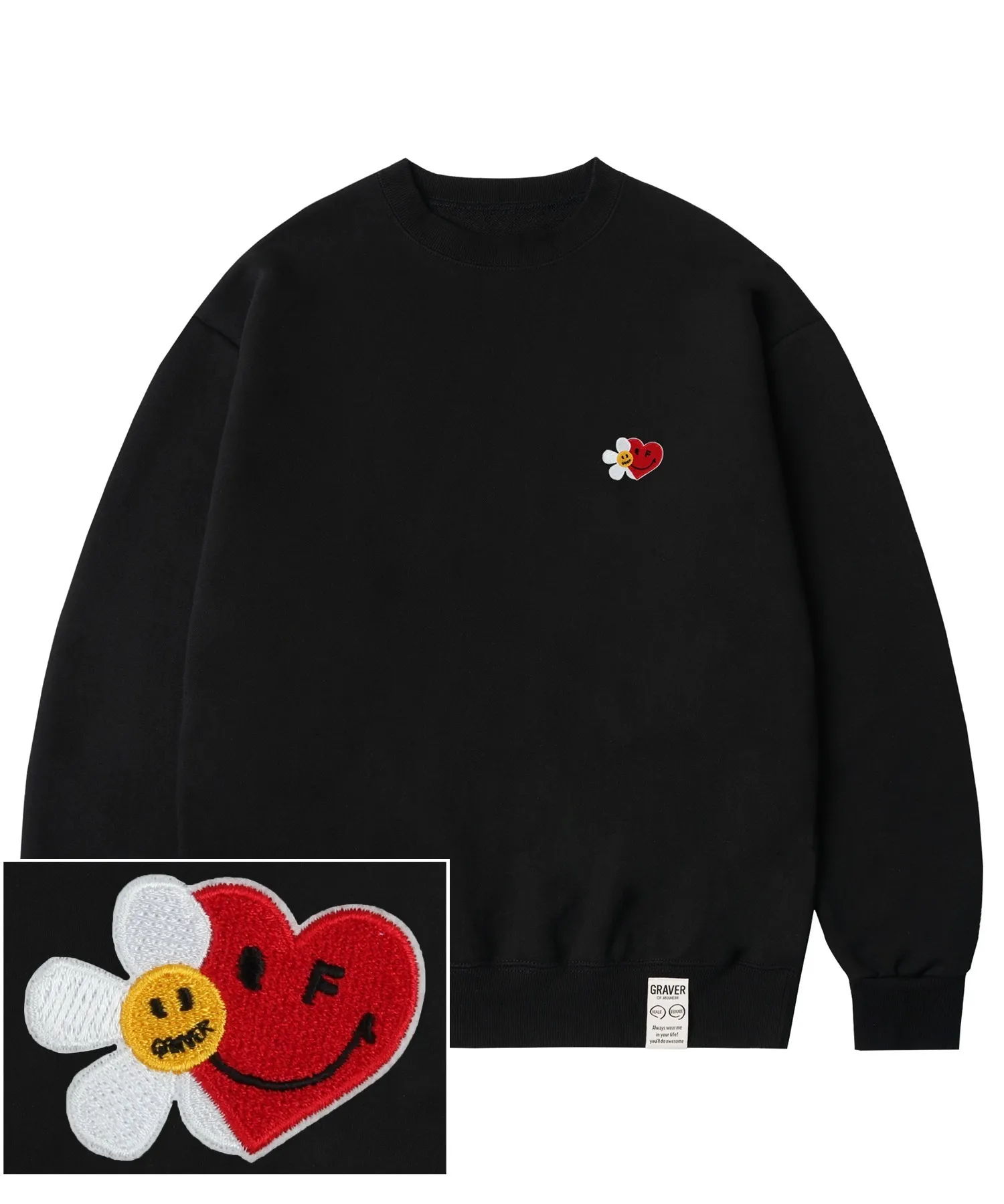 GRAVER  |[GRAVER]★FLOWER HEART HALF SMILE EMBROIDERY SWEATSHIRT