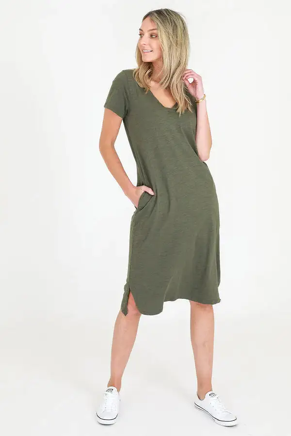 Heidi V Neck Dress - Khaki