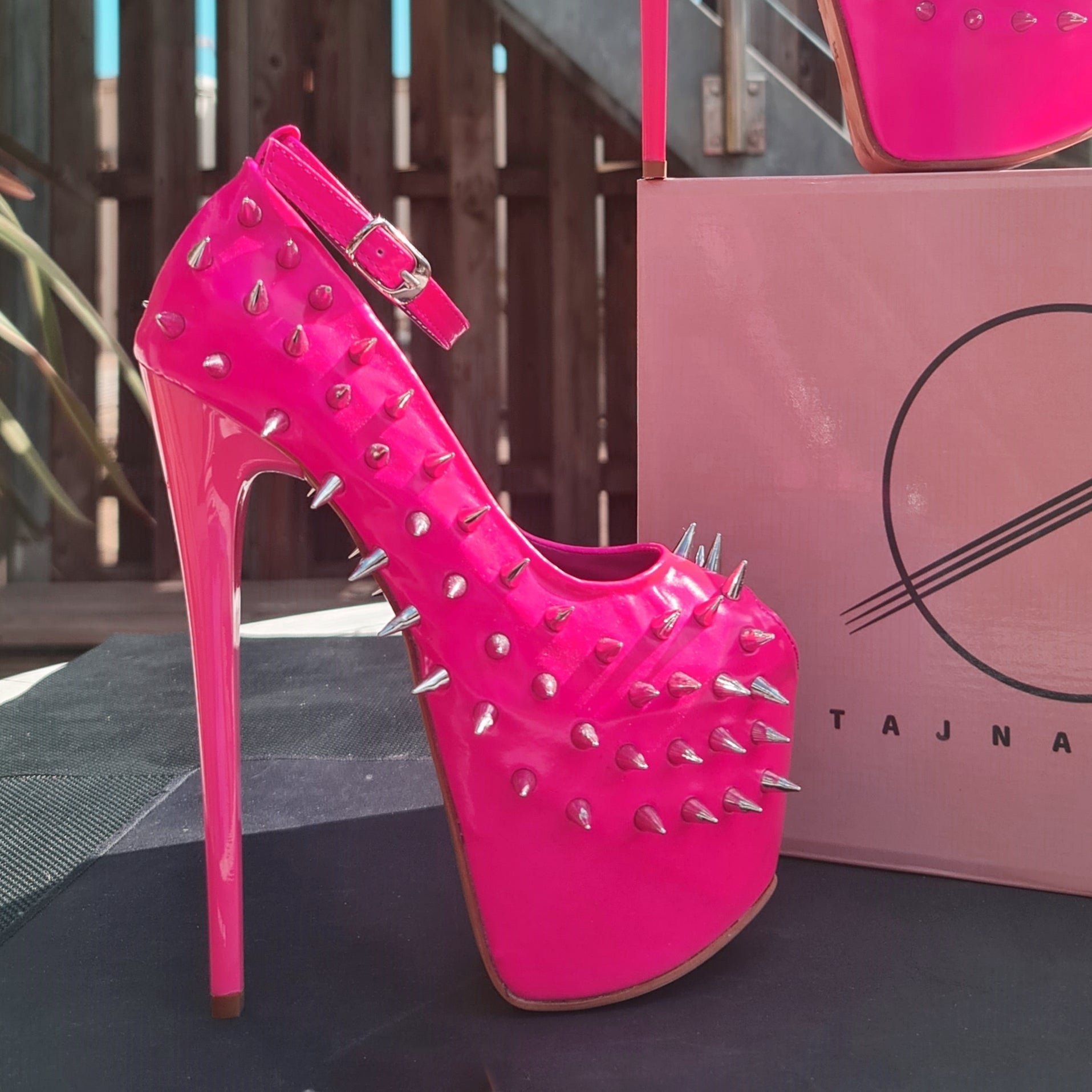 Hot Neon Pink Gloss Spike Studded Ankle Strap Heels