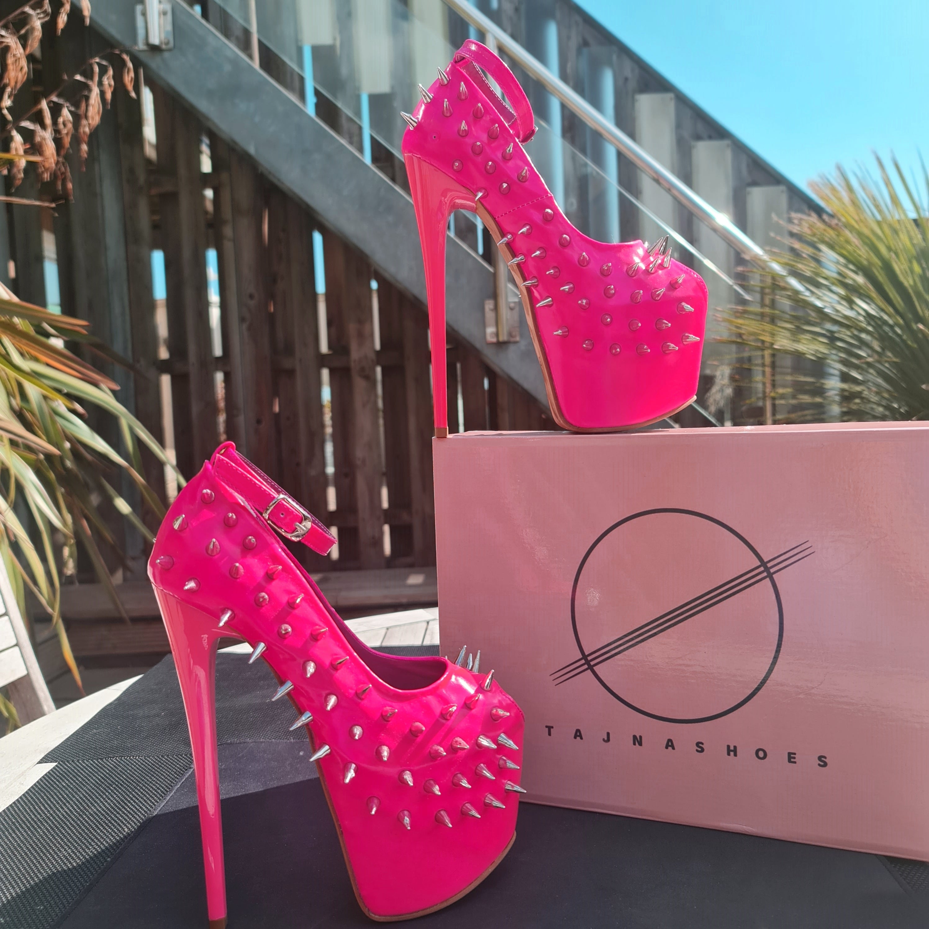 Hot Neon Pink Gloss Spike Studded Ankle Strap Heels