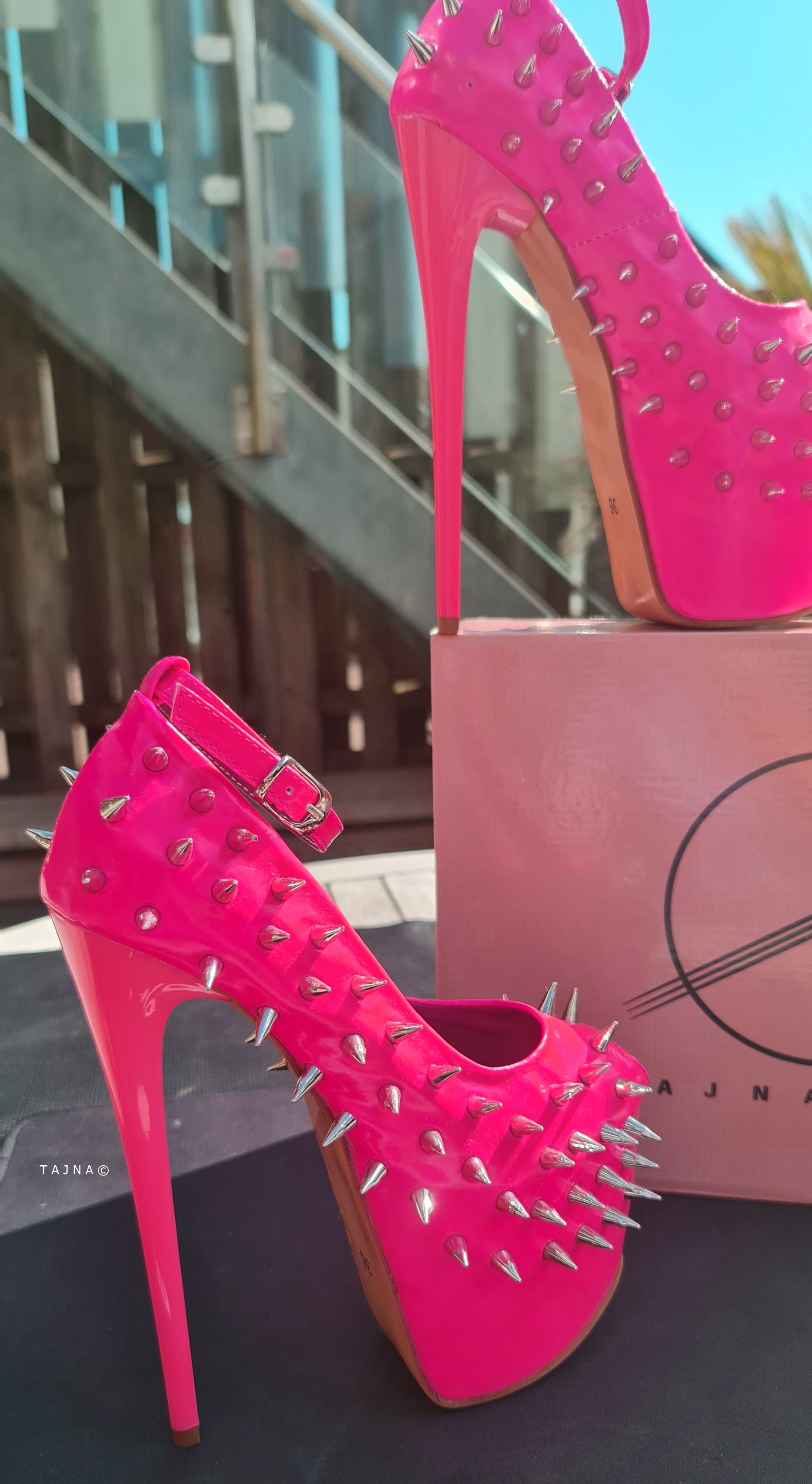 Hot Neon Pink Gloss Spike Studded Ankle Strap Heels