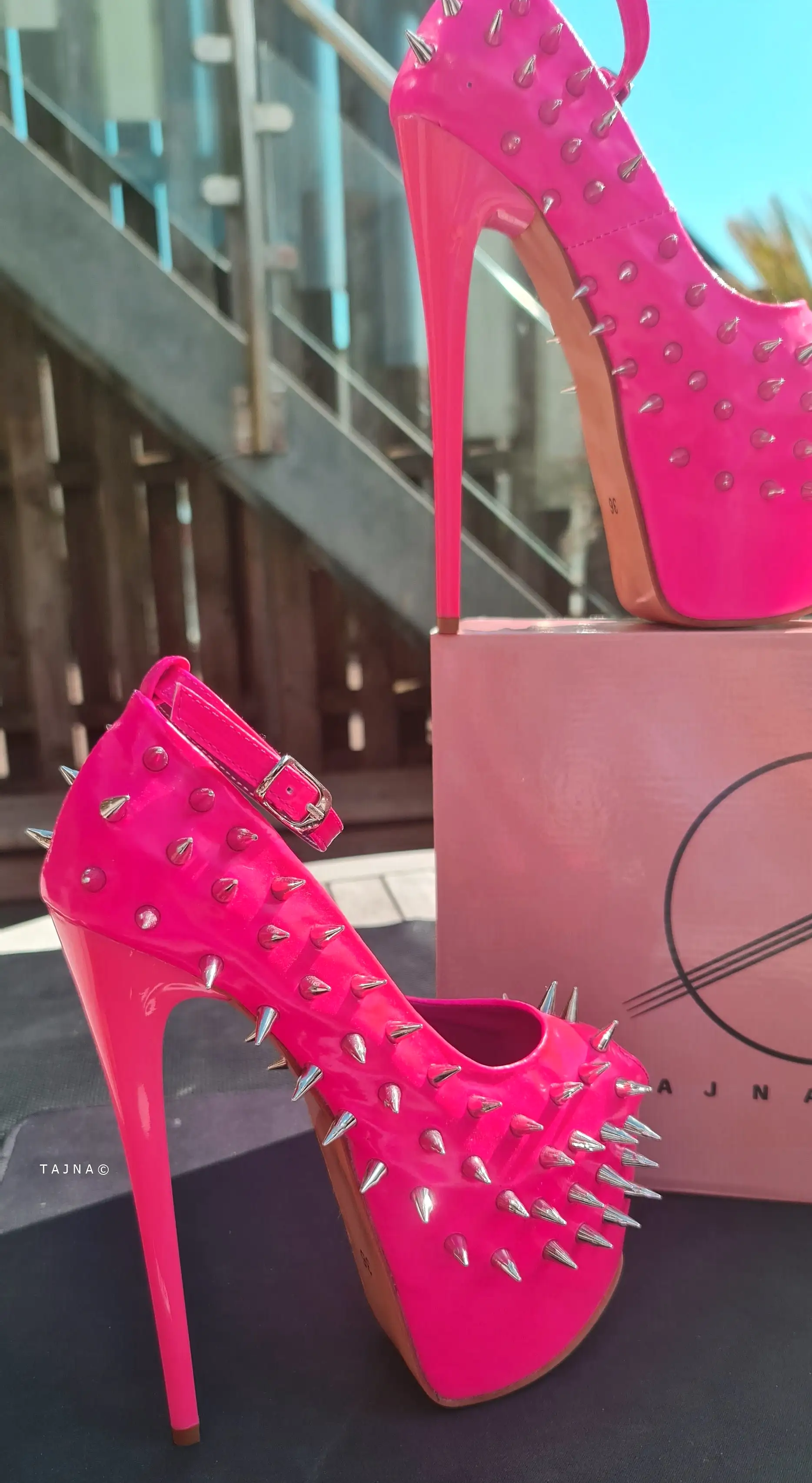 Hot Neon Pink Gloss Spike Studded Ankle Strap Heels