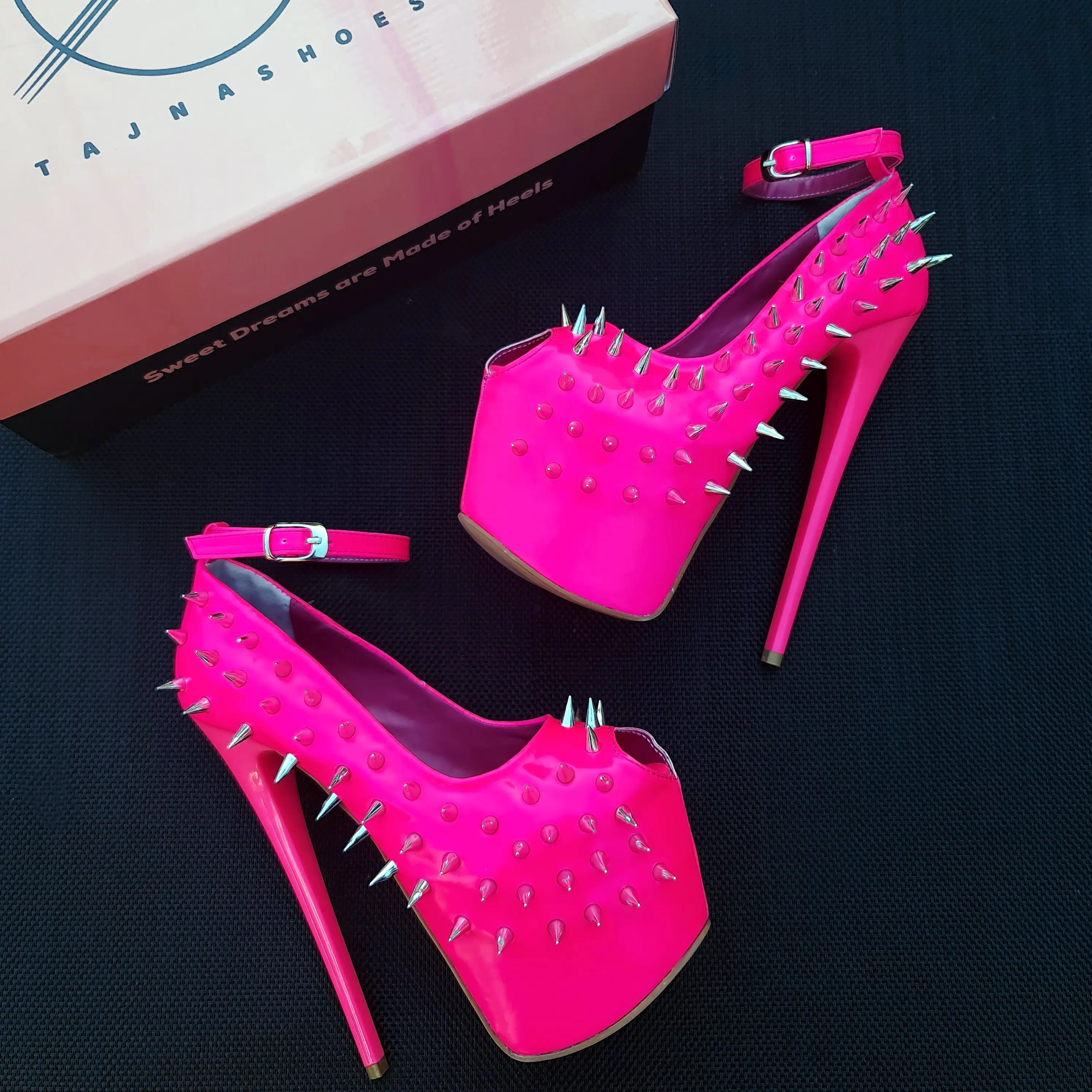 Hot Neon Pink Gloss Spike Studded Ankle Strap Heels