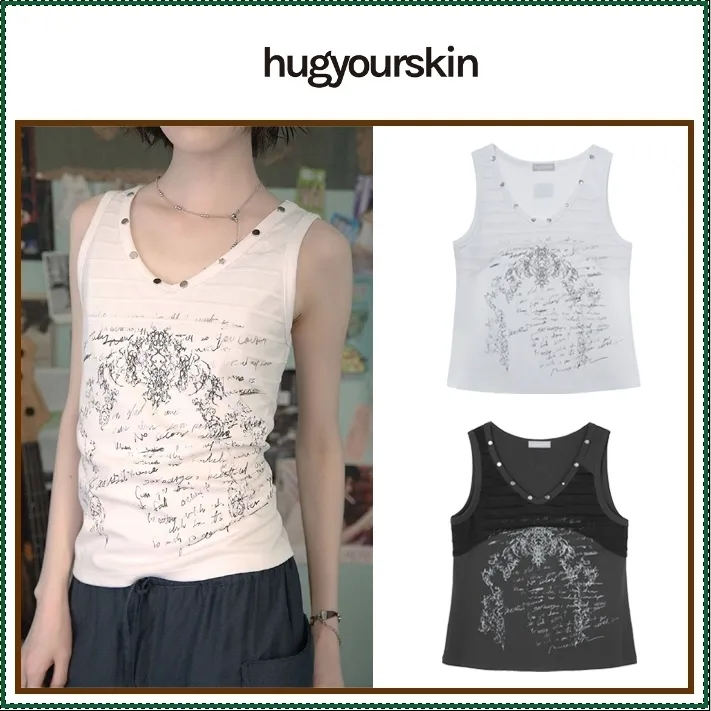 hug your skin  |Sleeveless Street Style V-Neck Plain Cotton Logo