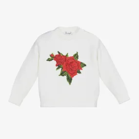 Ivory Wool Knit Rose Sweater