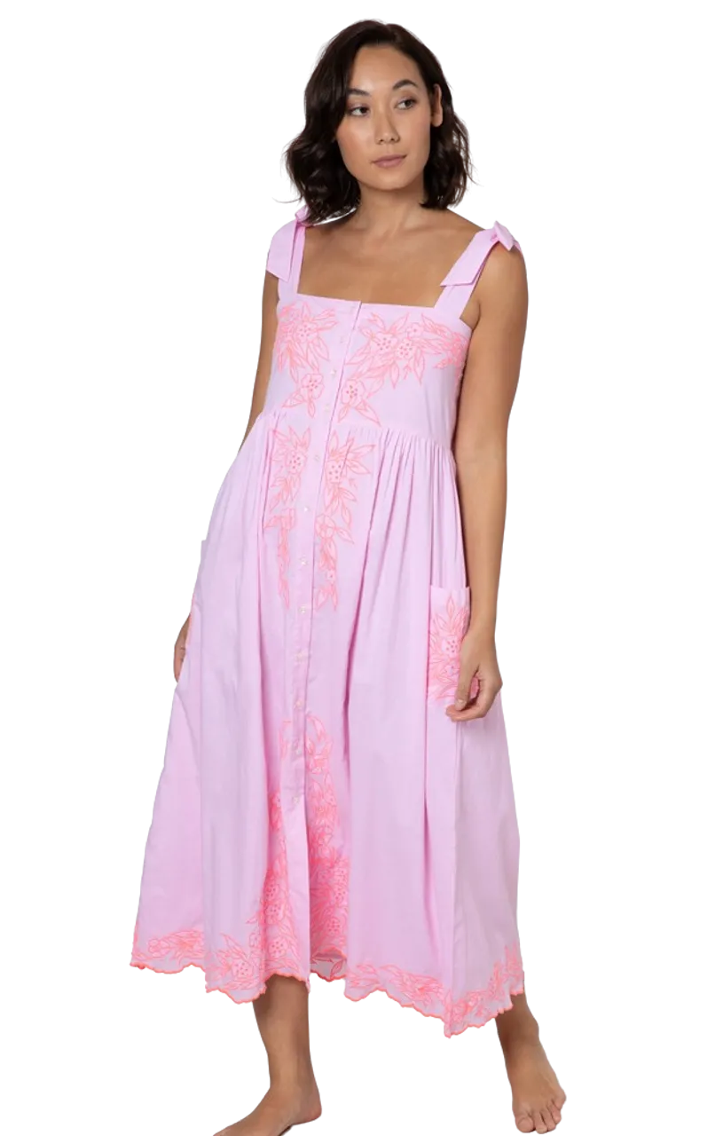 Juliet Dunn Tie Shoulder Dress, Flower Embroidery Neon Pink