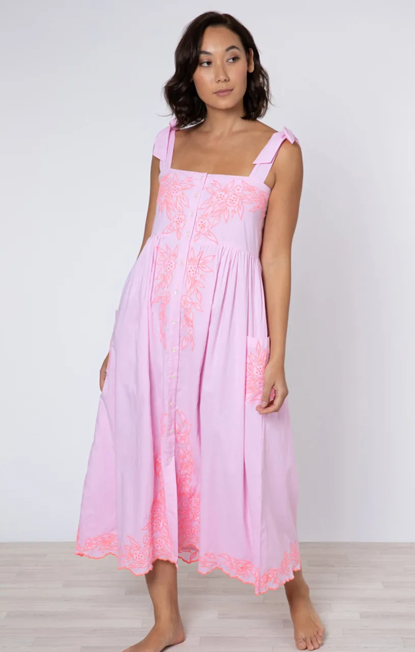 Juliet Dunn Tie Shoulder Dress, Flower Embroidery Neon Pink