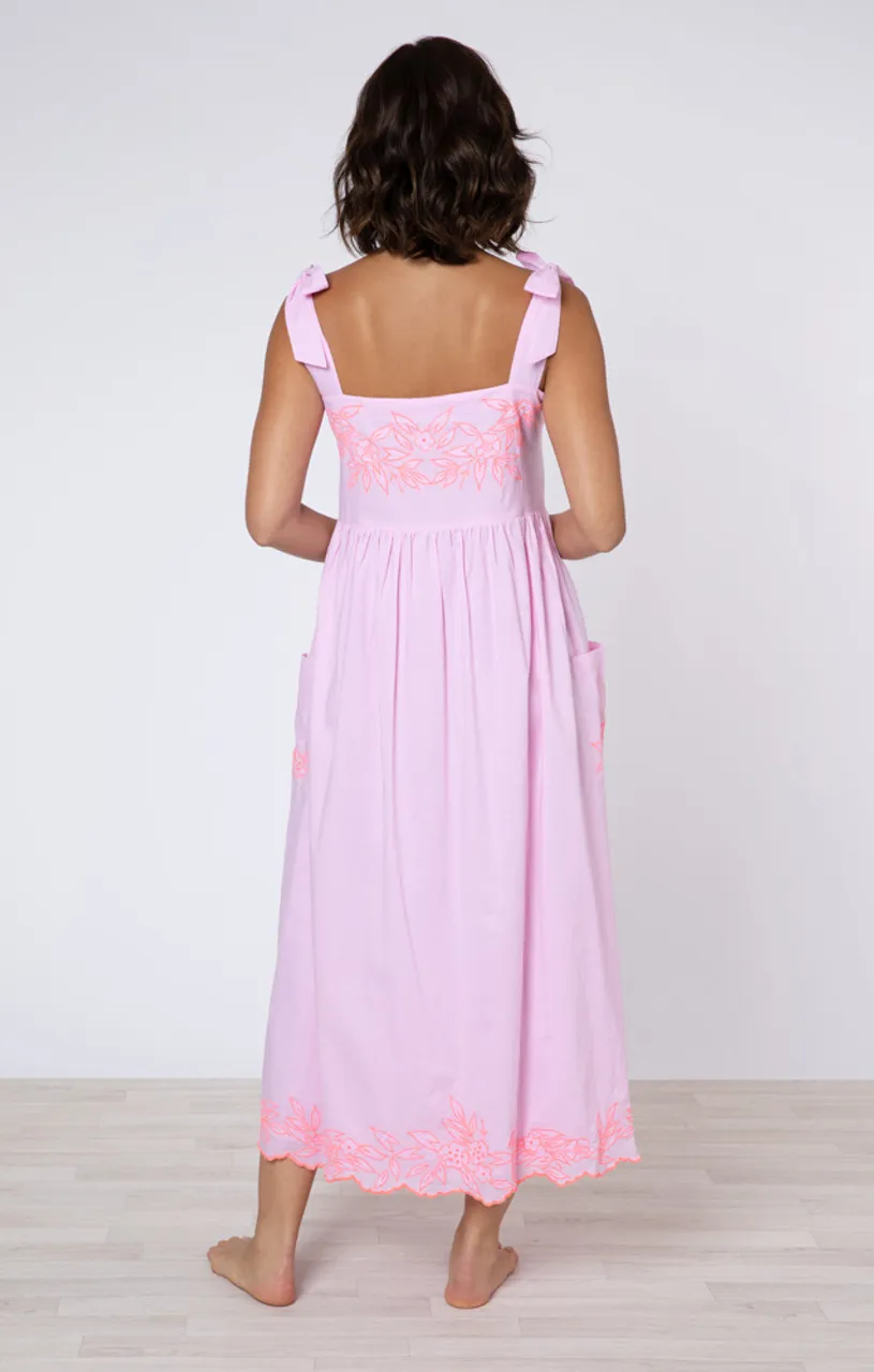 Juliet Dunn Tie Shoulder Dress, Flower Embroidery Neon Pink