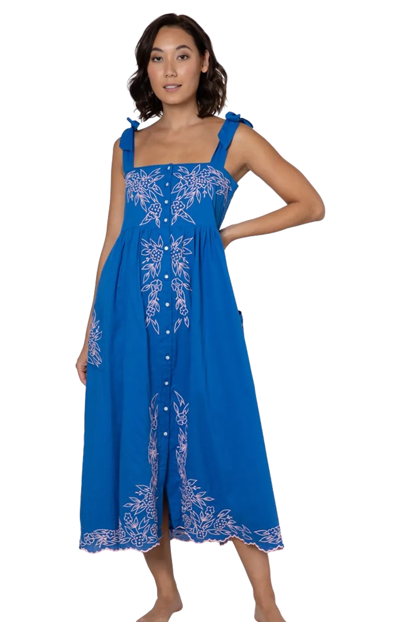 Juliet Dunn Tie Shoulder Dress, Flower Embroidery Royal Blue Candy