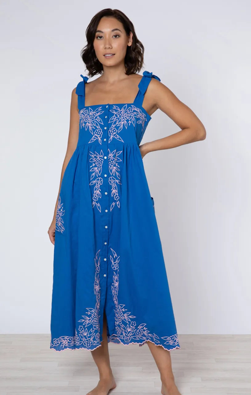 Juliet Dunn Tie Shoulder Dress, Flower Embroidery Royal Blue Candy