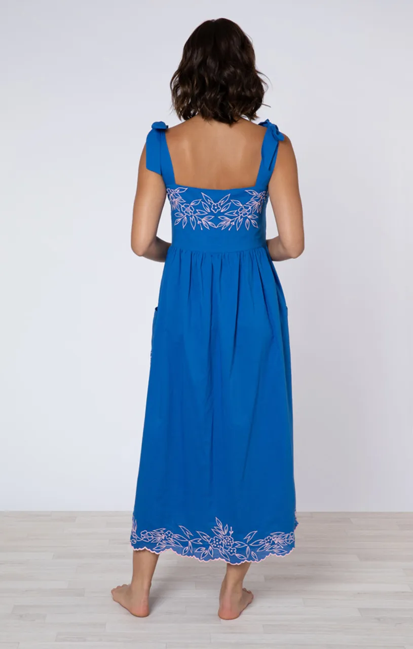 Juliet Dunn Tie Shoulder Dress, Flower Embroidery Royal Blue Candy