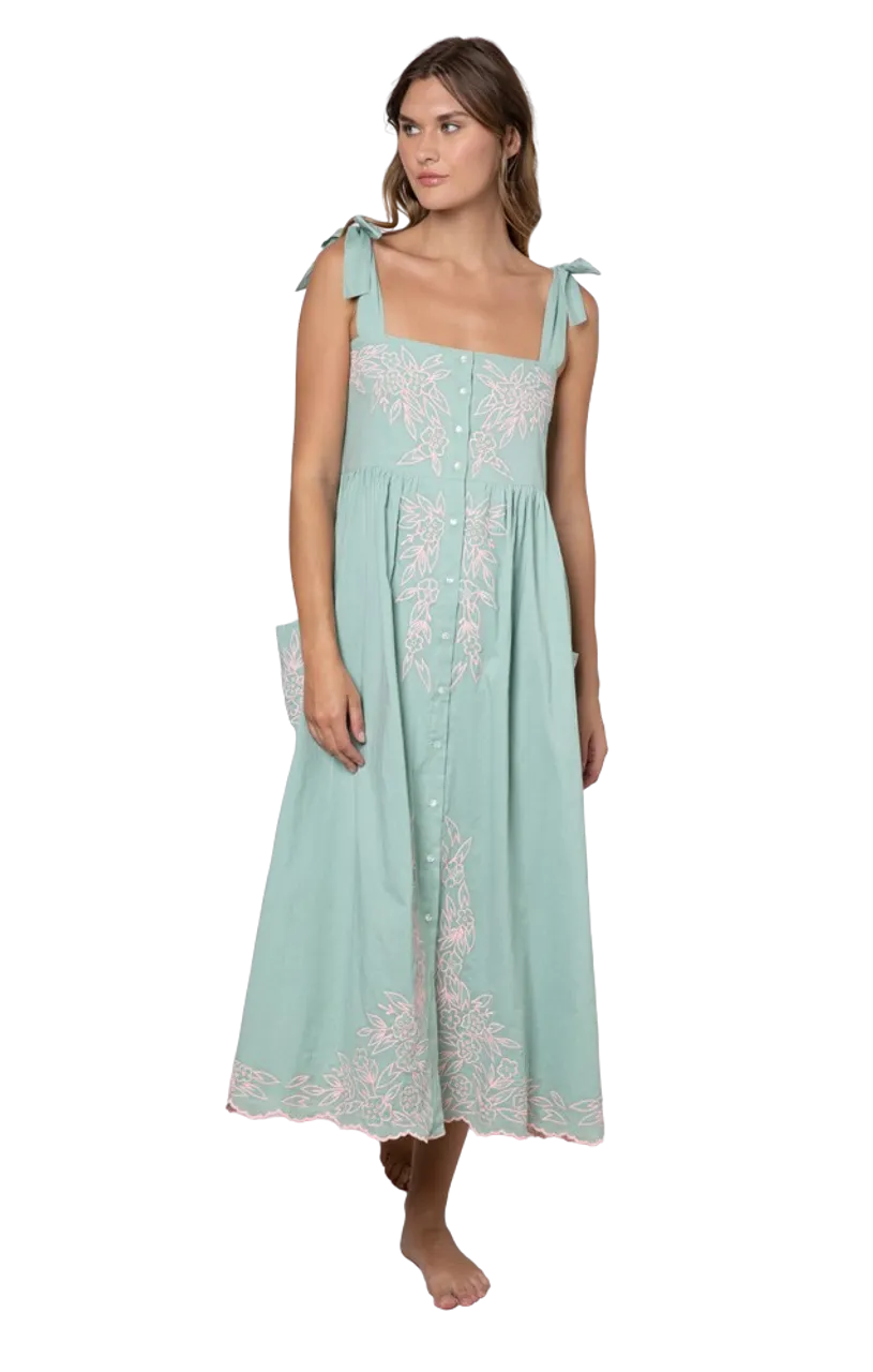 Juliet Dunn Tie Shoulder Dress, Flower Embroidery Sage Candy