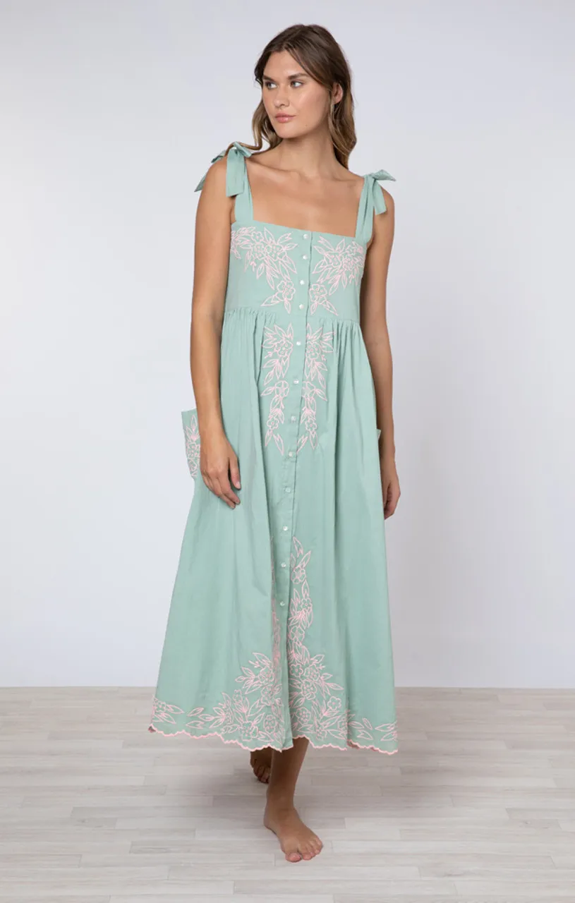 Juliet Dunn Tie Shoulder Dress, Flower Embroidery Sage Candy