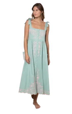 Juliet Dunn Tie Shoulder Dress, Flower Embroidery Sage Candy