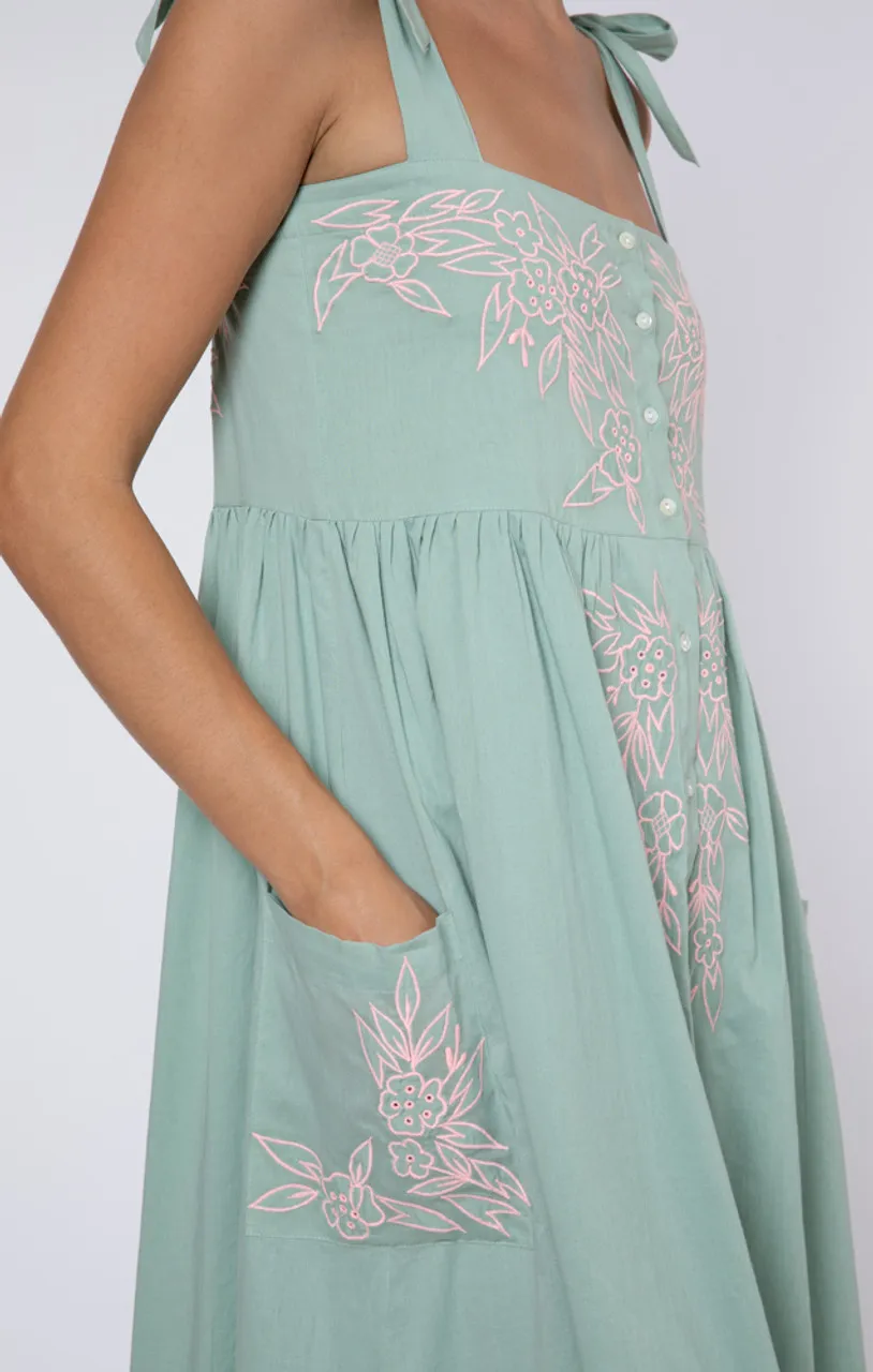 Juliet Dunn Tie Shoulder Dress, Flower Embroidery Sage Candy