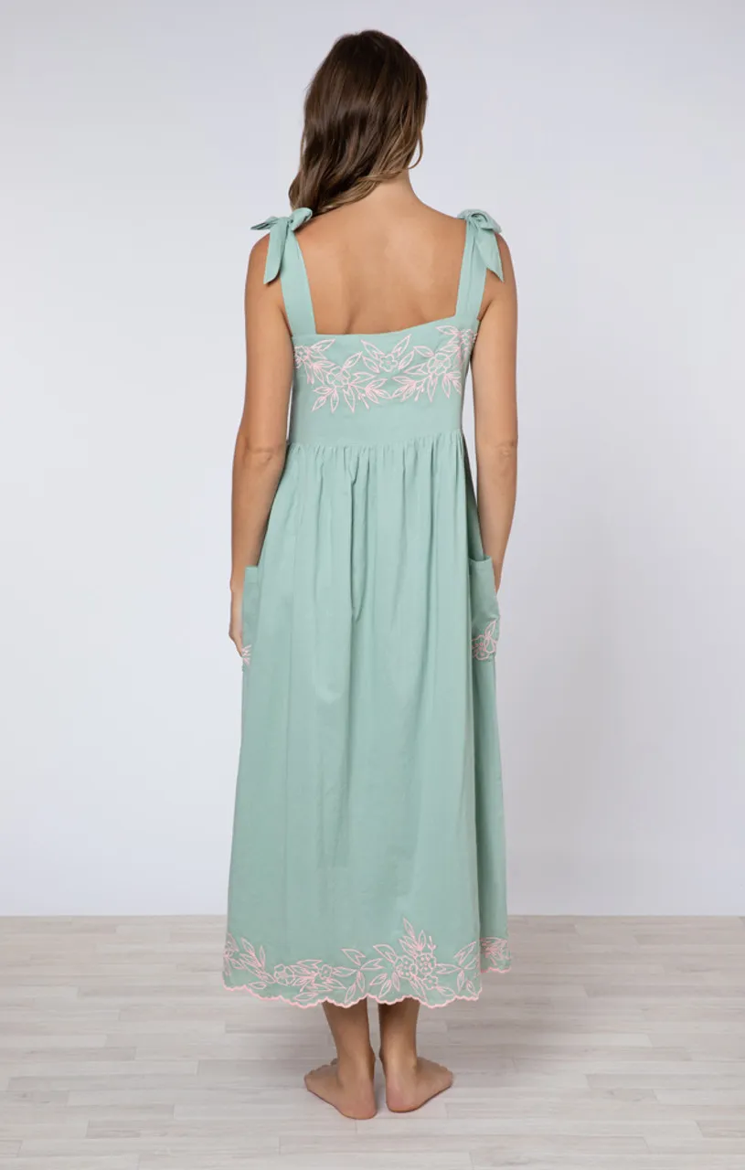 Juliet Dunn Tie Shoulder Dress, Flower Embroidery Sage Candy