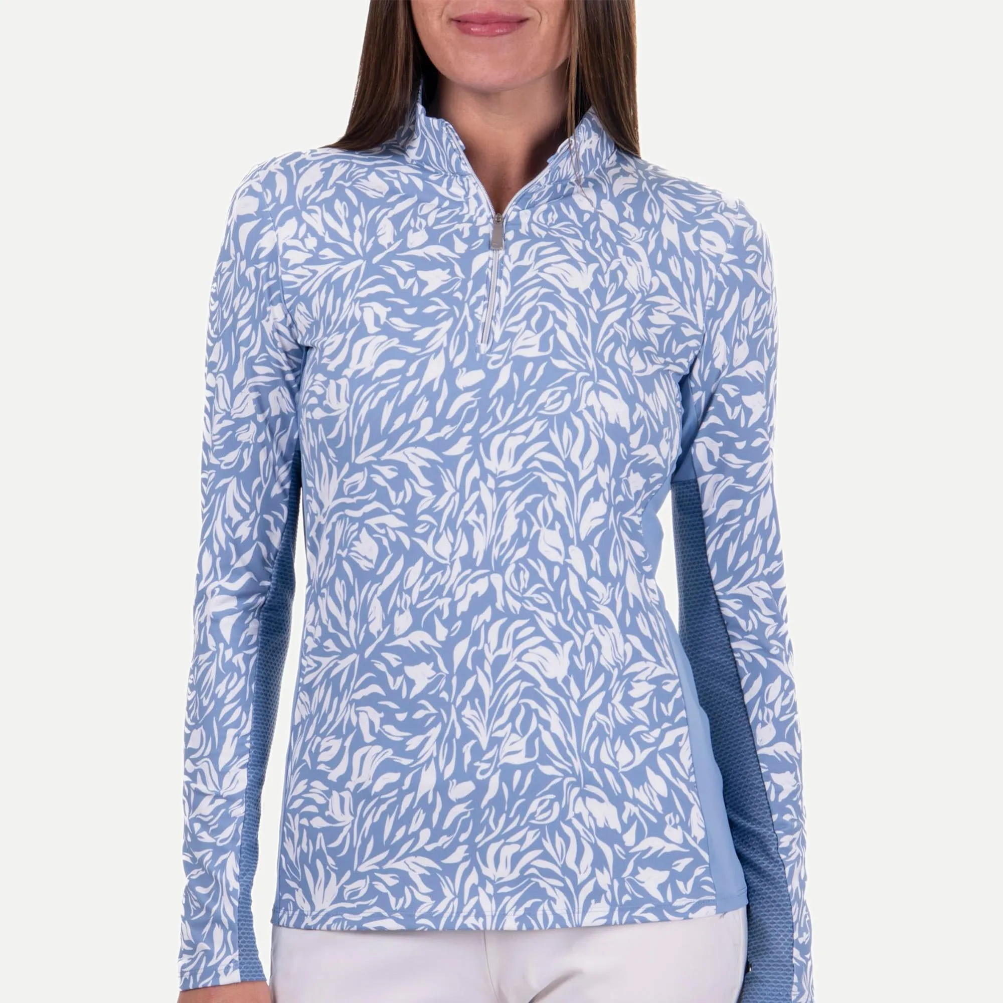 KJUS Sunshine Printed Sport Half Zip Ladies Golf Mid Layer Calm Blue/White