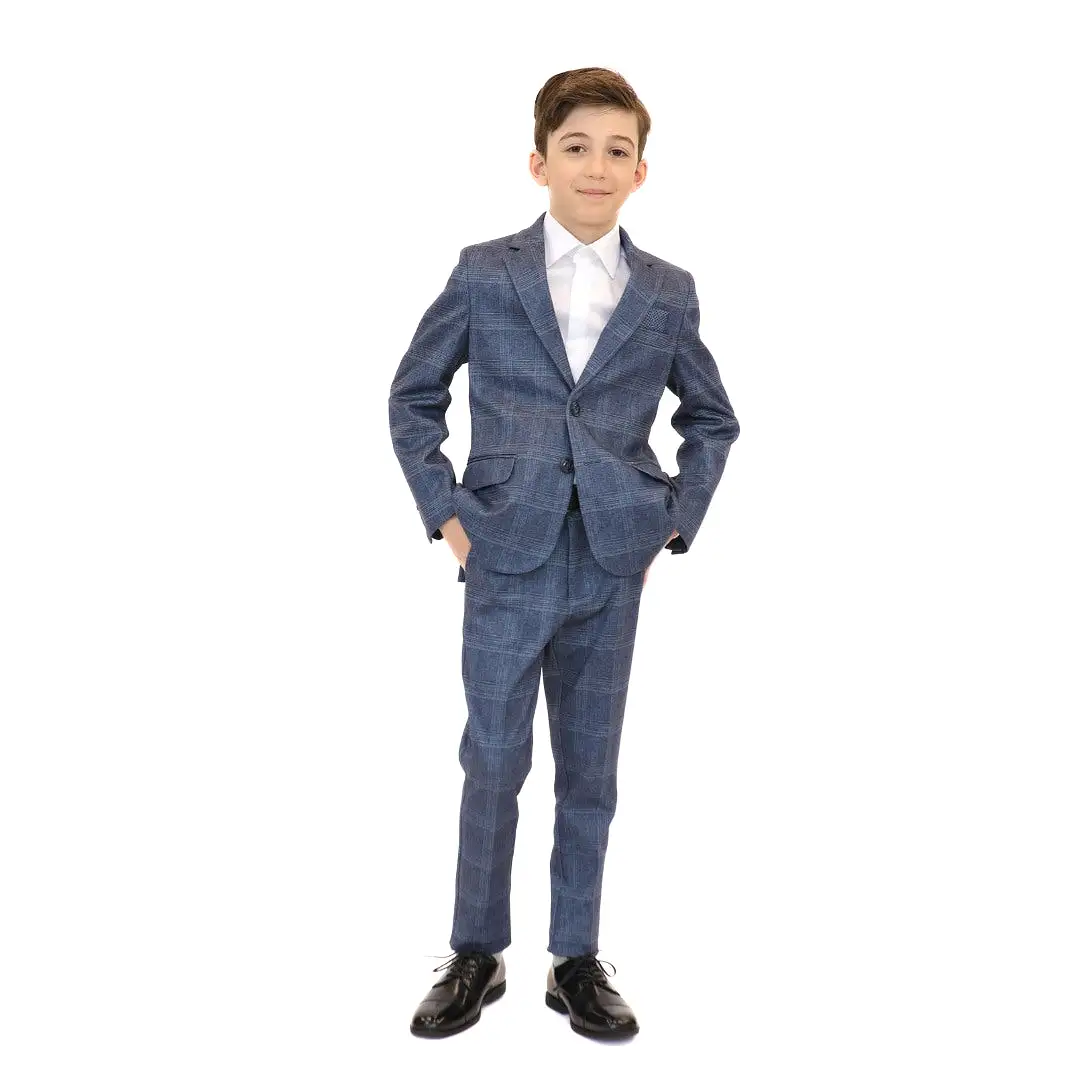 Leo & Zachary Boys Slim Denim Plaid Stretch Suit_Blue 5820